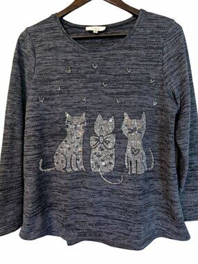 Les Collections Mat Cat Rhinestone Top Gray Heather Knit Long Sleeve Size M